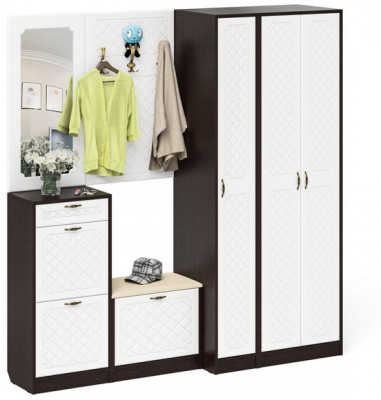 Прихожая П-6 Компоновка № 51, венге/фасады МДФ белое дерево фрезеровка ромб