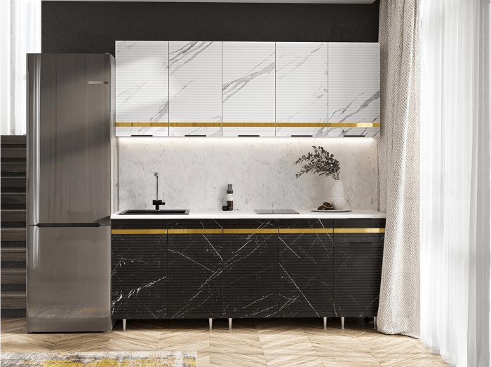 Кухня МДФ Милена 2000 (Белый, Мрамор блэк софт, Антарес)