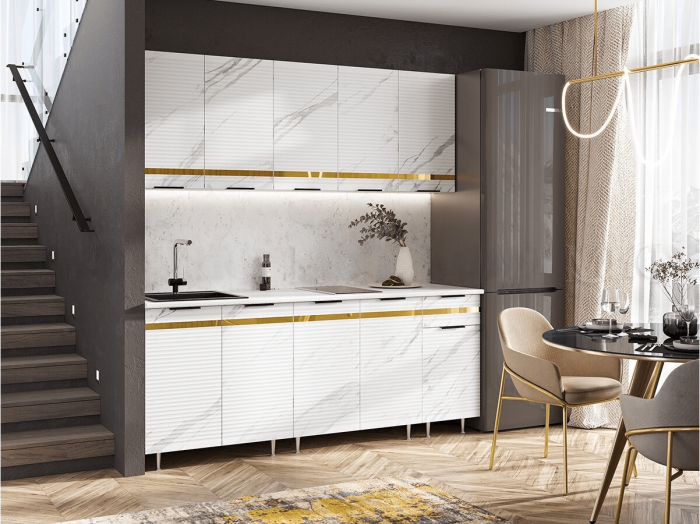 Кухня МДФ Милена 2000 (Белый, Мрамор блэк софт, Антарес)