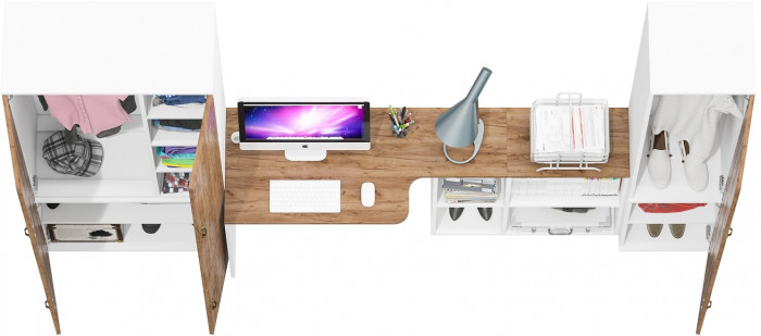 Лидер-8 Шкаф МД 20Б + Стол + Пенал 21Б, белый шагрень/крафт золото