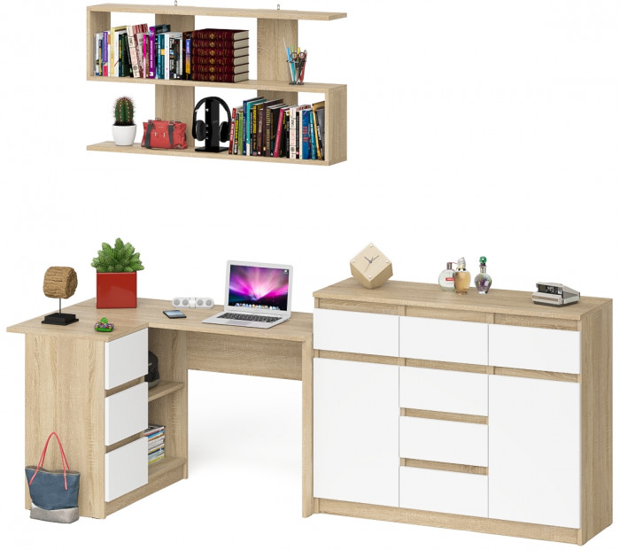 Мори компьютерный стол МС-16 левый + Комод МК1200.4 + Полка 1200, дуб сонома/белый