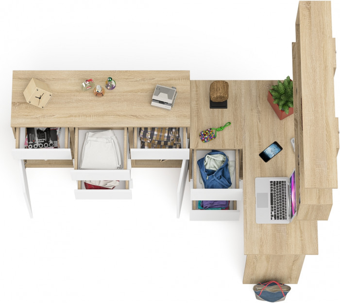 Мори компьютерный стол МС-16 левый + Комод МК1200.4 + Полка 1200, дуб сонома/белый