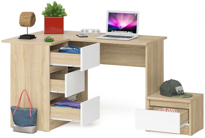 Мори компьютерный стол МС-16 левый + Тумба ТМП400.1, дуб сонома/белый