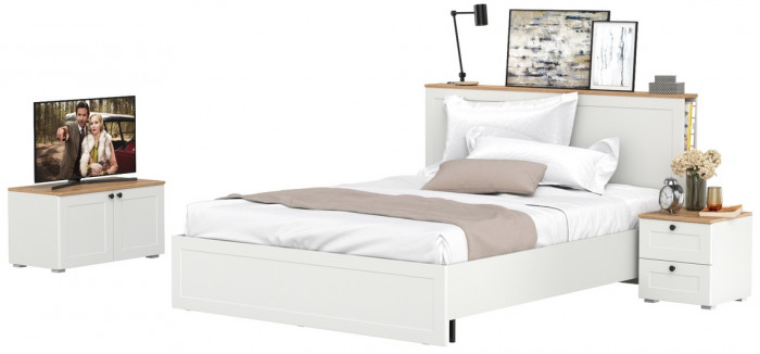 Остин 11.53 Кровать + ортопед + 16.152 Тумба прикроватная + 13.257 Тумба, белый шагрень/дуб крафт золотой