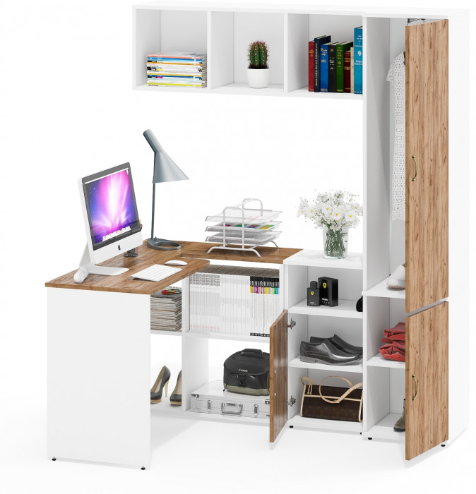 Лидер-8 Стол + Полка + Тумба МД 3.19 + Пенал МД 21Б, цвет белый шагрень/крафт золото, ШхГхВ 245х50/37,5х75/190 или 115х160/50х75/190 см., НЕ ун. сб.