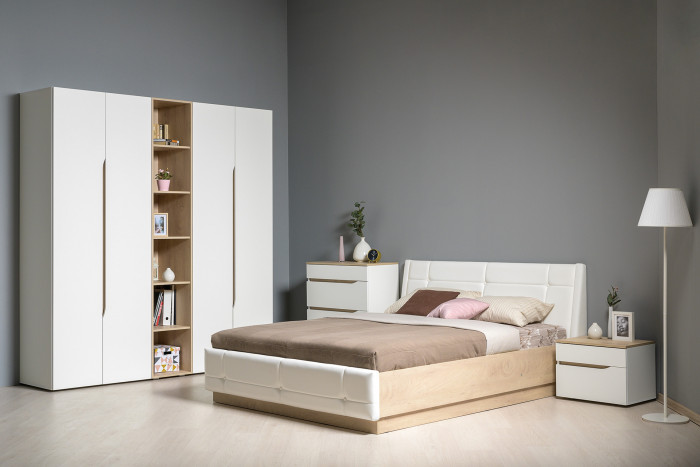 Муссон 13.198 Шкаф двухстворчатый, цвет белый/дуб эндгрейн элегантный, ШхГхВ 87,4х52,2х229,8 см., 2 ящика и зеркало внутри, универс. сборка наполнения