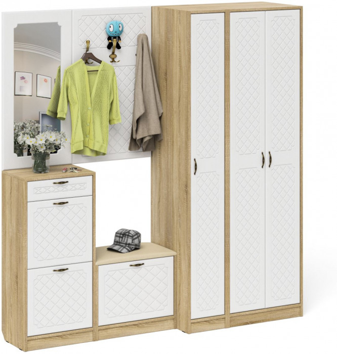 Прихожая П-6 Компоновка № 51, дуб сонома/фасады МДФ белое дерево фрезеровка ромб