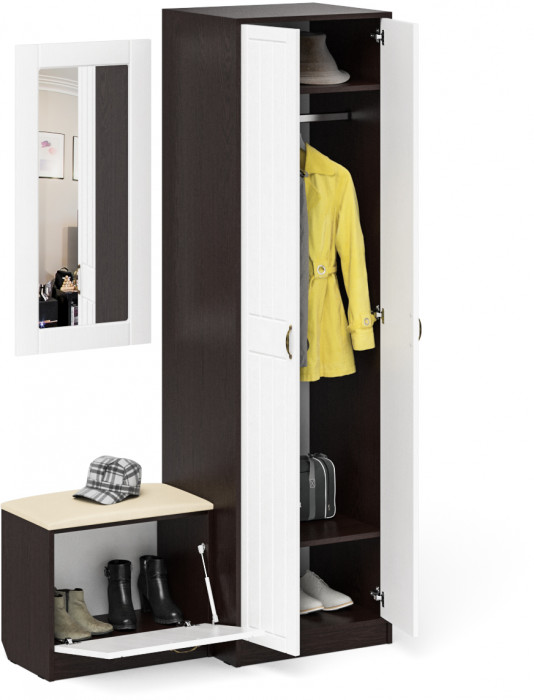 Прихожая П-6 Компоновка № 11, цвет венге/фасады МДФ белое дерево фрезеровка прованс, ШхГхВ 120х50х210 см., универсальная сборка