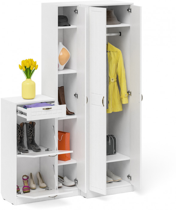 Прихожая П-6 Компоновка № 28, цвет белая шагрень/фасады МДФ белое дерево фрезеровка прованс, ШхГхВ 140х50х210 см., универсальная сборка