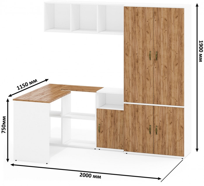 Лидер-8 Стол + Полка + Тумба МД 3.19 + Шкаф МД 20Б, белый шагрень/крафт золото