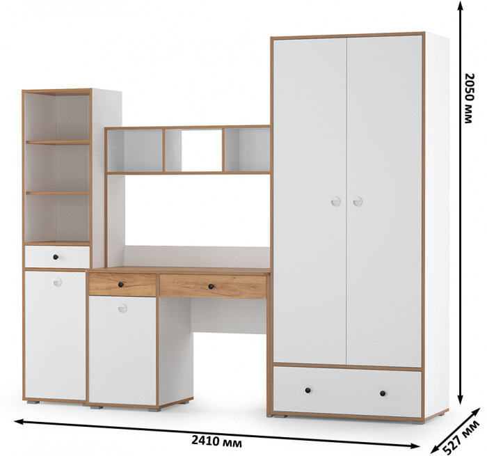 Вуди Компоновка № 24, цвет белый премиум/дуб крафт золотой, ШхГхВ 241х52,7х205 см., универсальная сборка