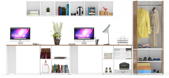 Лидер-8 Стол + Полка + Стол + Полка + Шкаф МД 19Б, белый шагрень/крафт золото