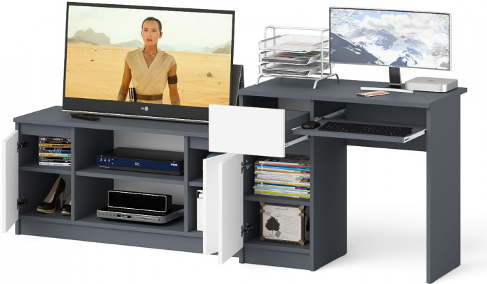 Мори компьютерный стол МС-1 левый + Тумба МТВ1200.1, графит/белый