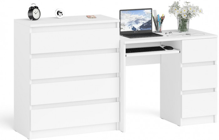 Мори компьютерный стол МС-6 правый + Комод МК800.4, белый