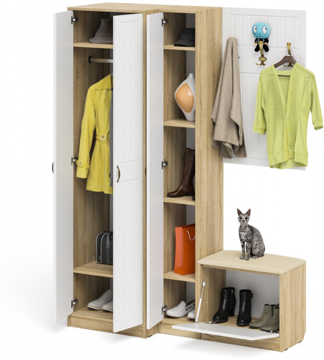 Прихожая П-6 Компоновка № 27, дуб сонома/фасады МДФ белое дерево фрезеровка прованс