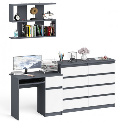 Мори компьютерный стол МС-1 правый + Комод МК1200.8 + Полка 900, графит/белый