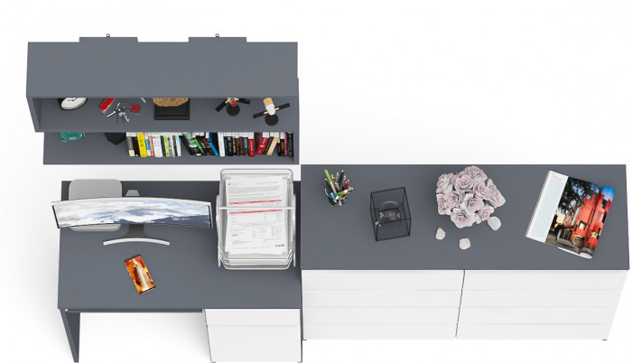 Мори компьютерный стол МС-1 правый + Комод МК1200.8 + Полка 900, графит/белый