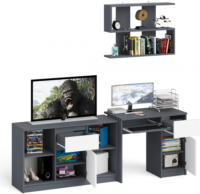 Мори компьютерный стол МС-1 правый + Тумба МТВ1204.1 + Полка 900, графит/белый