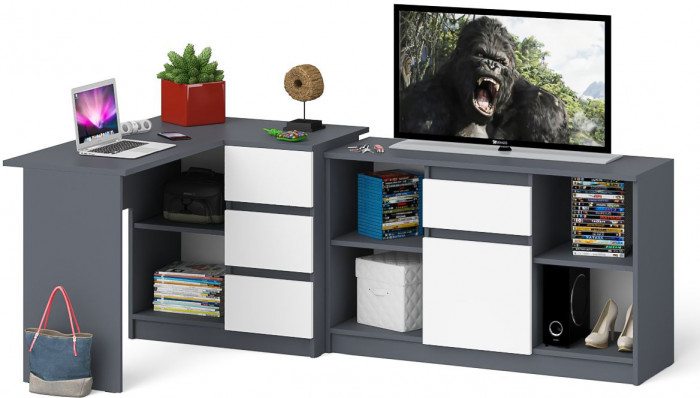 Мори компьютерный стол МС-16 правый + Тумба МТВ1204.1, графит/белый