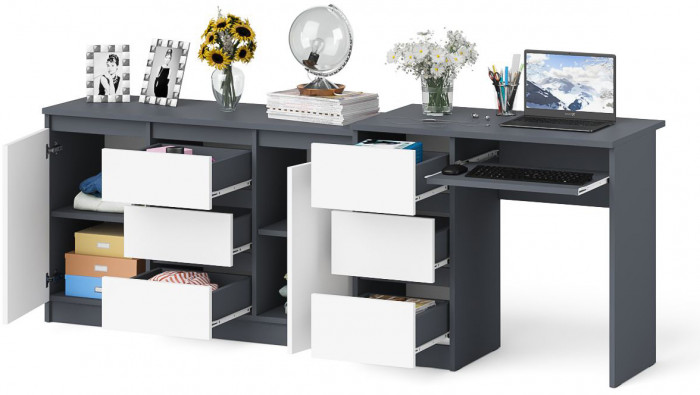 Мори компьютерный стол МС-6 левый + Комод МК1200.3, графит/белый
