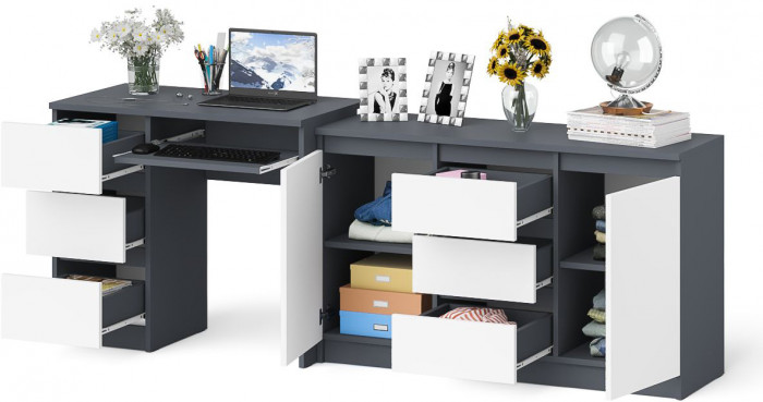 Мори компьютерный стол МС-6 левый + Комод МК1200.3, графит/белый