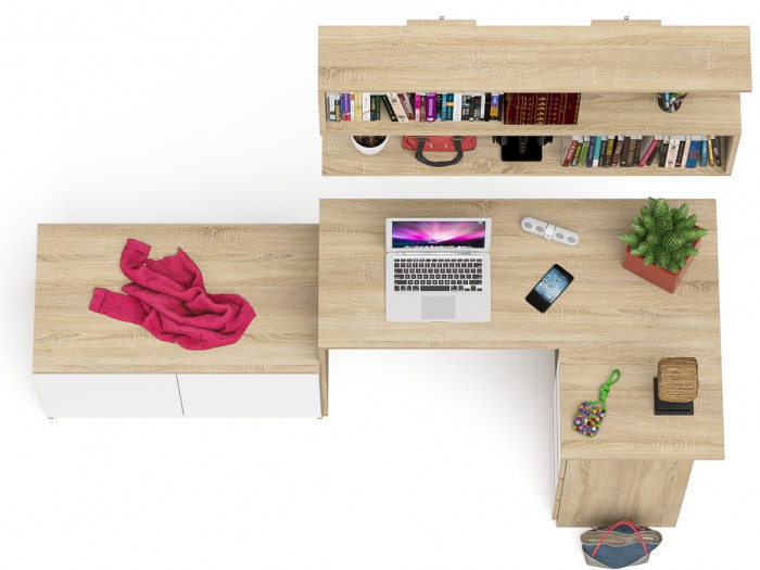 Мори Стол компьютерный МС-16 правый + Тумба МА900.1 + Полка 1200, цвет дуб сонома/белый, ШхГхВ 214,8х84,9х209,6 см., НЕ универс. сборка