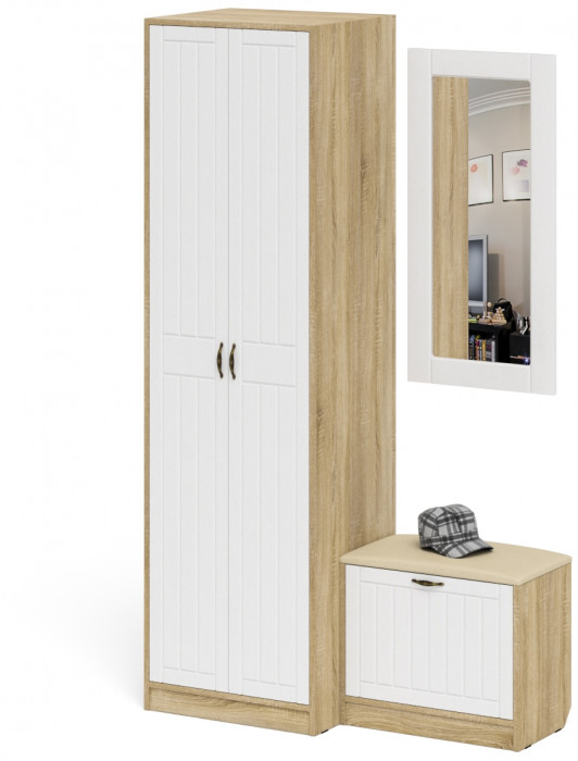 Прихожая П-6 Компоновка № 11, цвет дуб сонома/фасады МДФ белое дерево фрезеровка прованс, ШхГхВ 120х50х210 см., универсальная сборка