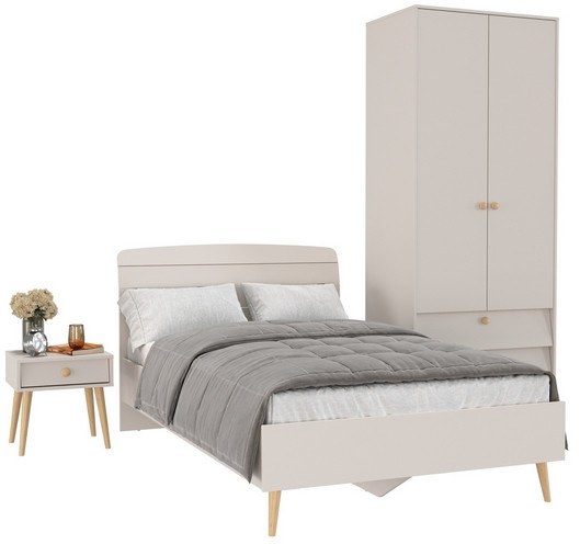 Афина Спальня Кровать 1200 + Шкаф 2-х дверный + Тумба, цвет кашемир серый, 123,6х210,2х95,7 + 90,3х56,3х220 + 45х37х45 см., 1200х2000, б/м, осн. есть