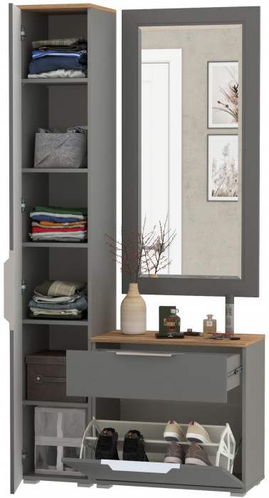 Октава Прихожая 42, цвет серый графит/дуб крафт золотой/фасады МДФ серый графит, ШхГхВ 97,1х35,4х197,6 см., универсальная сборка