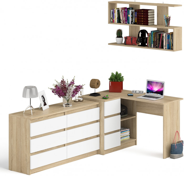 Мори компьютерный стол МС-16 левый + Комод МК1380.6 + Полка 1200, дуб сонома/белый