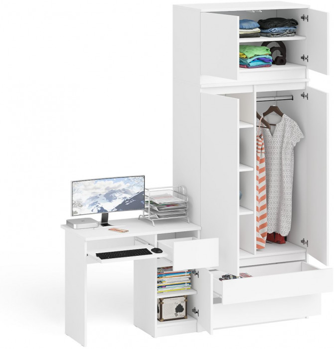 Мори Стол компьютерный МС-1 правый + Шкаф МШ900.1 + Антресоль МА900.1, цвет белый, ШхГхВ 180,4х50,4х234,2 см., выдвижной ящик справа, НЕ универс. сб.