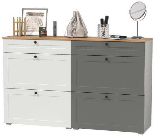 Остин 16.121 Тумба для обуви + 16.121 Тумба для обуви, белый шагрень/серый графит/дуб крафт золотой