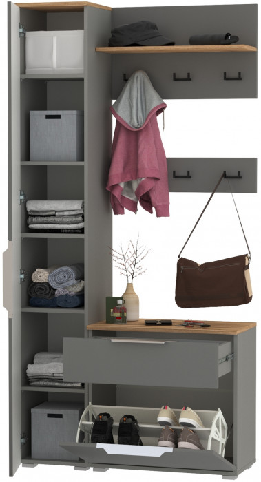 Октава Прихожая 16, цвет серый графит/дуб крафт золотой/фасады МДФ серый графит, ШхГхВ 97,1х35,4х197,6 см., универсальная сборка