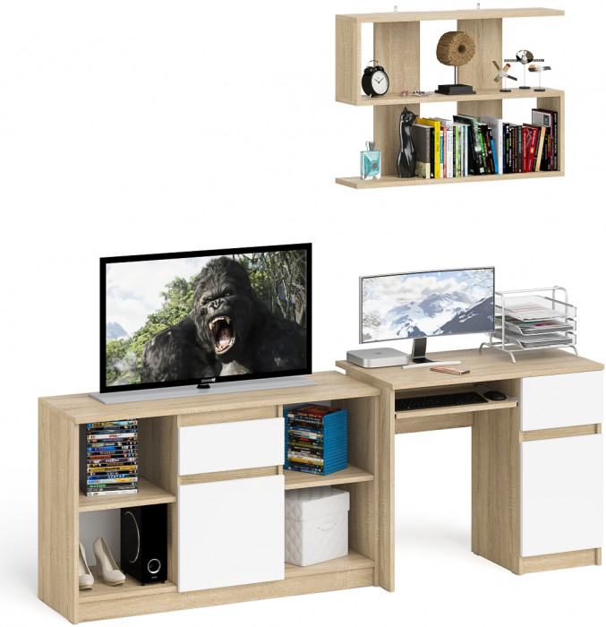 Мори компьютерный стол МС-1 правый + Тумба МТВ1204.1 + Полка 900, дуб сонома/белый