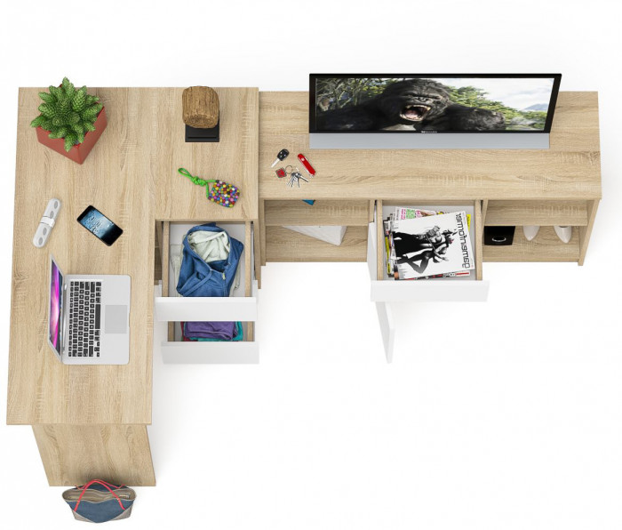 Мори компьютерный стол МС-16 правый + Тумба МТВ1204.1, дуб сонома/белый