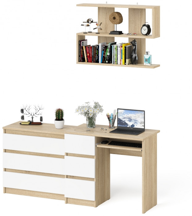 Мори компьютерный стол МС-6 левый + Комод МК800.1 + Полка 900, дуб сонома/белый