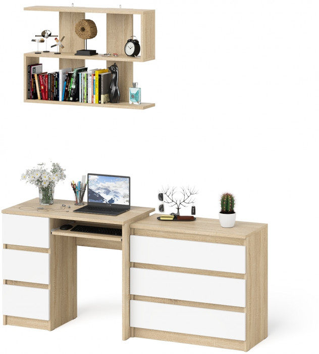 Мори компьютерный стол МС-6 левый + Комод МК800.1 + Полка 900, дуб сонома/белый