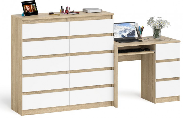 Мори компьютерный стол МС-6 правый + Комод МК1200.10, дуб сонома/белый