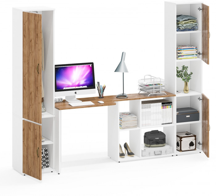 Лидер-8 Пенал МД 21Б + Стол + Пенал, цвет белый шагрень/крафт золото, ШхГхВ 245х50/37,5х75/190 или 155х120/50х75/190 см., НЕ универсальная сборка