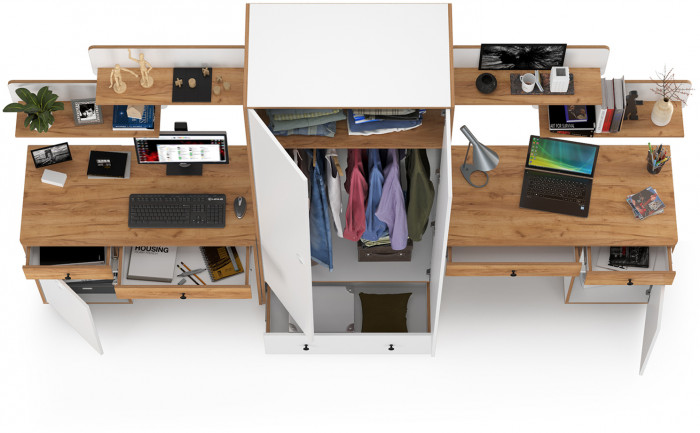 Вуди Компоновка № 27, цвет белый премиум/дуб крафт золотой, ШхГхВ 306х52,7х205 см., универсальная сборка