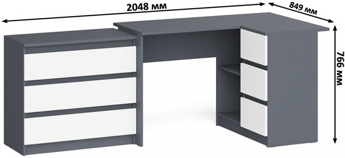 Мори компьютерный стол МС-16 правый + Комод МК800.1, графит/белый