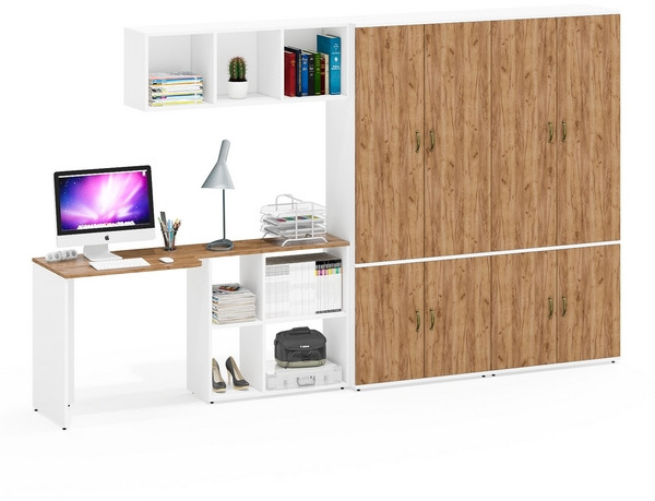 Лидер-8 Стол + Полка + Шкаф МД 20Б + Шкаф МД 20Б, белый шагрень/крафт золото