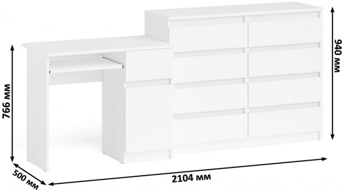 Мори компьютерный стол МС-1 правый + Комод МК1200.8, белый