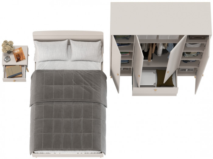 Афина Спальня Кровать 1200 + Шкаф 4-х дверный + Тумба, цвет кашемир серый, 123,6х210,2х95,7 + 160х56,3х220 + 45х37х45 см., 1200х2000, б/м, осн. есть