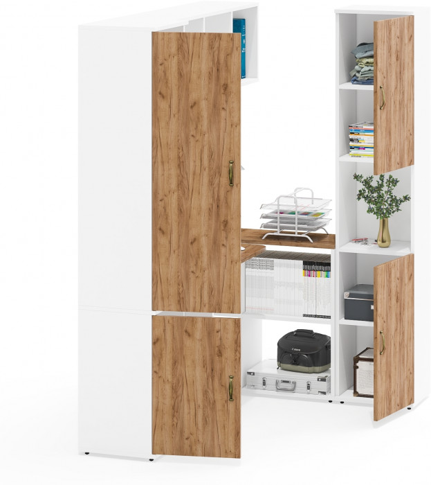 Лидер-8 Пенал МД 21Б + Стол + Полка + Пенал, цвет белый шагрень/крафт золото, ШхГхВ 245х50х75/190 или 155х120/50х75/190 см., НЕ универсальная сборка