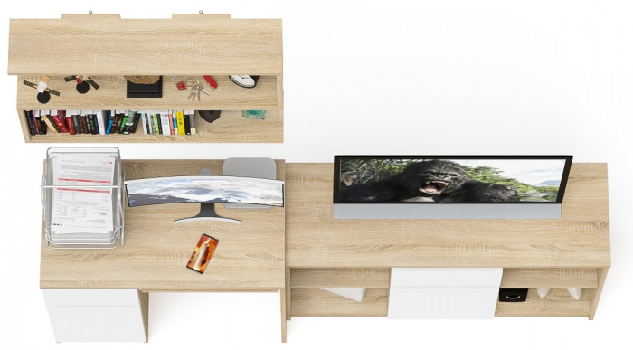 Мори компьютерный стол МС-1 левый + Тумба МТВ1204.1 + Полка 900, дуб сонома/белый