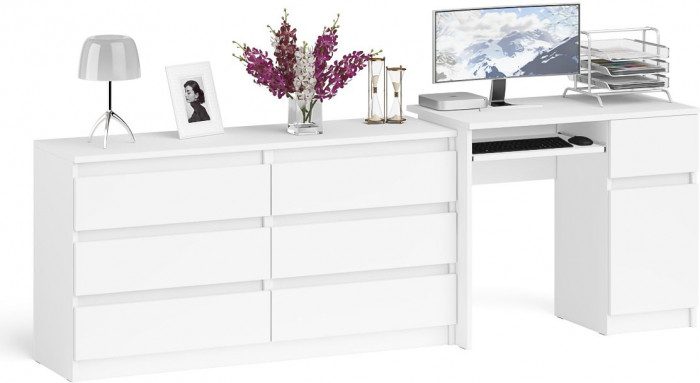 Мори компьютерный стол МС-1 правый + Комод МК1380.6, белый