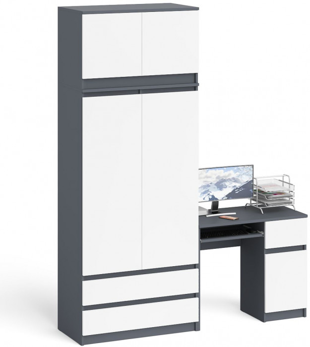 Мори Стол компьютерный МС-1 правый + Шкаф МШ900.1 + Антресоль МА900.1, цвет графит/белый, ШхГхВ 180,4х50,4х234,2 см., выдвиж. ящик справа, НЕ ун. сб.