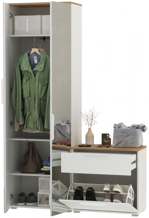 Октава Прихожая 09, белый шагрень/дуб крафт золотой/фасады МДФ белый шагрень