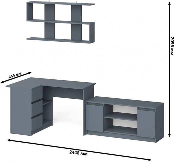 Мори компьютерный стол МС-16 левый + Тумба МТВ1200.1 + Полка 1200, графит